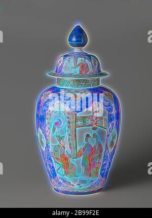 Mixbecher mit Deckel Deckel Deckel Jar Jar, Fayence. Mehrfarbig lackiert. In einem blauen Hintergrund, drei große Reserven in der Vase gespeichert wurde, mit figurativen Darstellungen bzw. gefüllt: ich zwei Damen vor eine Würde, auf einem Stuhl sitzend vor, deren Kopf stand hängt ein Ring mit einem Papagei, II ein Mann und eine Frau, die Musiker auf jeder Seite in eine Tabelle mit einer Vase mit Blumen, III drei Männer an einem Zaun mit einem Kakadu und einen blühenden Baum. Zwischen der Reserven ein breites, blaues Band mit goldenen Ornamenten und eine Reserve mit einem Drachen. Die Schulter der Vase ist mit einem Rahmen von lambrequin Motiven dekoriert Stockfoto