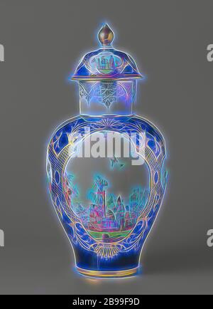 Lidded vase Vase mit Deckel Vase mit Deckel, mehrfarbig mit chinoiseries in Vertieftem vier Schritte in einem blauen Boden gemalt, Vase mit Deckel, Aus bunt bemalten Porzellan. Vase und Deckel sind fast vollständig mit blauem Hintergrund, in dem zwei Große und zwei Kleine und vier 4-Schritt Schritte werden auf die Vase gespeichert abgedeckt. Eine symmetrische Ornament ist in Gold zwischen den vier Pässe gemalt. Höroldt chinoiseries sind in einem Garten in die vier Pässe gemalt. Die birnenförmige Deckel Knopf vergoldet. Die Vase ist markiert., Meissener Porzellan Manufaktur, Meissen, C. 1735 - C. 1740, Porzellan (Materie Stockfoto