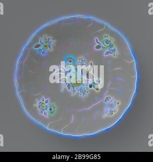 Untertasse, bunt mit Deutsche Blumen, Insekten und Früchte, Runde Untertasse aus bemaltem Porzellan die Schale ist mit Deutsche Blumen, Insekten und Früchten bemalt. Die Bordüre ist mit dem Neuozier-Muster geprägt. Das Gericht ist gekennzeichnet und gehört zu einem Service, Meissener Porzellan Manufaktur, Meissen, c. 1750 - c. 1760, Porzellan (Material), d 25.0 cm × h 5.5 cm, neu gestaltet von Gibon, Design von warmen fröhlich glühen von Helligkeit und Lichtstrahlen Ausstrahlung. Klassische Kunst neu erfunden mit einem modernen Twist. Fotografie inspiriert von Futurismus, umarmt dynamische Energie der modernen Technologie, Bewegung, Geschwindigkeit und revol Stockfoto