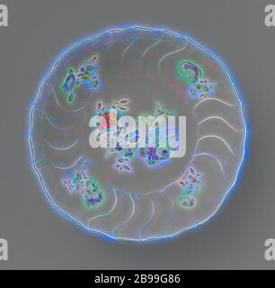 Untertasse, bunt mit Deutsche Blumen, Insekten und Früchte, Runduntertasse aus bemaltem Porzellan die Schale ist mit Deutsche Blumen, Insekten und Früchten bemalt. Die Bordüre ist mit dem Neuozier-Muster geprägt. Das Gericht ist gekennzeichnet und gehört zu einem Service, Meissener Porzellan Manufaktur, Meissen, c. 1750 - c. 1760, Porzellan (Material), d 25.0 cm × h 5.5 cm, neu gestaltet von Gibon, Design von warmen fröhlich glühen von Helligkeit und Lichtstrahlen Ausstrahlung. Klassische Kunst neu erfunden mit einem modernen Twist. Fotografie inspiriert von Futurismus, umarmt dynamische Energie der modernen Technologie, Bewegung, Geschwindigkeit und Stockfoto