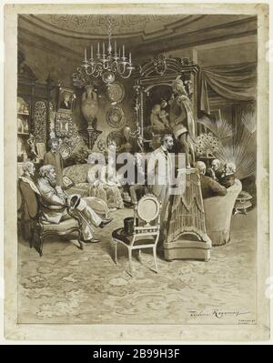 SALON DER MADAME BEULE Frédéric Régamey (1849-1925). "Le salon de Madame Beulé". Plume, lavis d'encre brune et noire rehaut de blanc. Paris, musée Carnavalet. Stockfoto