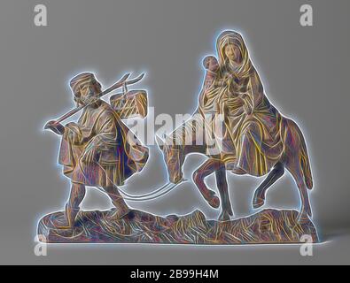 Flucht nach Ägypten, die Gruppe, auf hügeligem Boden und besteht aus einem Esel wandern nach links, auf die Maria mit dem Kind wird vorangestellt, Joseph. Maria, drehte sich auf den Betrachter zu, lehnt sich leicht nach links und hält die Beschuhte Füße zusammen. Sie trägt auf der rechten Arm das Kind, im Profil, in einem T-Shirt bekleidet, hält ihr Kopftuch mit beiden Händen, während Sie Ihre Beine unterstützen, mit der linken Hand. Joseph geht mit großen Schritten voran und dreht seinen Kopf zu Maria. Mit der linken Hand führt er die Esel (Zaum) und mit seiner rechten Hand hält er das Personal, auf denen hängt ein Sonnen Stockfoto