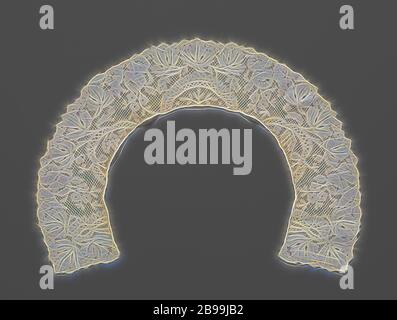 Kragen aus Klöppelspitze mit Weinblättern und Rosen, Kragen aus naturfarbener Klöppelspitze: Brabant Valenciennes Spitze. Halbkreisförmiges Modell. Das Muster hat an der Außenseite und an den Enden einen abwechselnden Rand aus drei Weinblättern und drei Rosen. Auf der Innenseite befinden sich fünf bogenförmige Ornamente mit Zickzack und Godron unter den Blättern. Die Motive sind aus sehr geschlossenem Leinen gefertigt und durch einen quadratischen Valenciennes Boden verbunden., anonym, Belgien, c. 1860, Leinen (Material), Brabant Valenciennes Spitze, H 18 cm × B 25.1 cm B 5.5 cm, neu gestaltet von Gibon, Design von warmen fröhlich glühen der Helligkeit ein Stockfoto