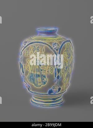 Platz Arzneimittel jar mit dem Wappen des Kurfürsten von Sachsen, Quadrat apothecary jar aus Steinzeug auf einem hohen, Fuß, Schulter an den Ecken und kurzen Hals abgerundet. Mit einem cremefarbenen Zinn Glasur bedeckt und in kobalt blau lackiert. Die vier Seiten sind durch einen engen Bogen von karyatids und ein Engel Kopf geprägte eingerahmt. Ein Mann mit einem Schnurrbart an jeder Ecke von der Schulter. Eine der Seiten mit dem Wappen von Johan Georg Herzog von Sachsen, der Kurfürst von Sachsen, der mit seinem Monogramm, Wappen und "H. v. C.Z. S' (Herzog und Curfürst zu Sachsen). Auf beiden Seiten des w Stockfoto