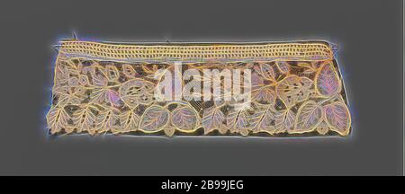 Gemischt - Spitze Manschette mit herzförmigen Blätter vermischt mit Trauben von Rosen oder Beeren, natürlichen - gemischt gemischt Spitze Manschette - klöppelspitze Kombiniert mit einer Nadel - Kanten base-Brüssel duchesse. Das Muster besteht aus herzförmigen Blätter, in Triple und 5-fach und durchsetzt mit Büscheln Röschen (Beeren oder?). Die Motive sind in Leinen und Mesh. Die große Motive werden durch die Kontur Threads, die aus grob geklebten Kabelbündel akzentuiert. Die Spitze ist auf einem schwarzen (künstliche) Seide Oberfläche., anonym, Brüssel (möglicherweise), C. 1875 - C. 1899, Leinen (Material), Nadel Spitze g Stockfoto