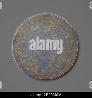 Kuchenplatte aus Zinn mit gravierter Darstellung der Kreuzigung, runde Tafel aus Zinn, eine sogenannte Kuchenplatte, mit gravierter Darstellung der Kreuzigung. In der Mitte ist Christus am Kreuz mit der Inschrift INRI vor einem Hintergrund mit Wolken. Neben ihm Maria und Johannis. Links und rechts sind einige Gebäude zu sehen., Anonym, Deutschland, 1525 - 1575, Zinn (Metall), Gravur, H 0.1 cm × d 28.5 cm, Neugestaltung von Gibon, Design von warmen fröhlichen Leuchten von Helligkeit und Lichtstrahlen Ausstrahlung. Klassische Kunst neu erfunden mit einem modernen Twist. Fotografie inspiriert von Futurismus, emb Stockfoto