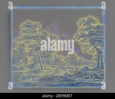 Platte mit Flusslandschaft mit Burg, Bauernhof und einigen Figuren, Platte der Fayence, blau auf der weißen Zinn Glasur mit einer Landschaft gemalt: In der Mitte ein Schloss, links ein Bauernhof und im Vordergrund ein Fluss mit zwei Männern sitzen auf dem hohen Ufer, In der Mitte links eine Frau mit einem Jungen und einem Hund, im Wasser links unter vier Enten in der Nähe eines Bootshauses, ein stehender Mann auf dem Bauernhof., Frederik van Frytom (Manner), Delft, c. 1670 - c. 1700, H 47 cm × l 54.8 cm, neu gestaltet von Gibon, Design von warmen fröhlich glühen von Helligkeit und Lichtstrahlen Ausstrahlung. Klassische Kunst neu erfunden mit einem Stockfoto