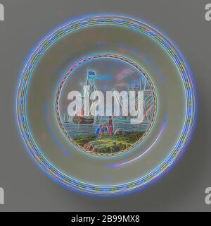 Untertasse, bunt bemalt mit Hafengesicht, Porzellanuntertasse, bemalt mit Hafengesicht in einem Oval, das in einem gelben Boden gerettet wurde. Die Schale ist markiert., Meissener Porzellan Manufaktur, Meissen, 1804, Porzellan (Material), H 3.0 cm × T 13.4 cm, neu gestaltet von Gibon, Design von warmen fröhlichen Leuchten von Helligkeit und Lichtstrahlen Ausstrahlung. Klassische Kunst neu erfunden mit einem modernen Twist. Fotografie inspiriert von Futurismus, umarmt dynamische Energie der modernen Technologie, Bewegung, Geschwindigkeit und Kultur revolutionieren. Stockfoto