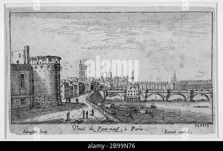 FÜR DIE NEUE BRÜCKE IN PARIS Israël Silvestre (1621-1691) und Israël Heniet (1590-1661). "Vue du pont Neuf à Paris". Eau-forte, 1660. Paris, musée Carnavalet. Stockfoto