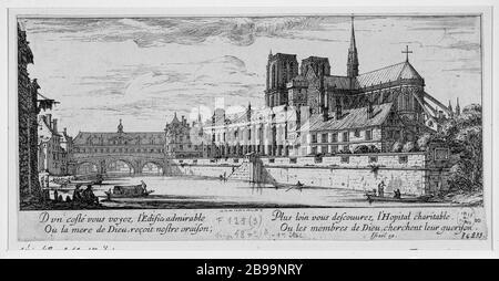 BLICK AUF DAS BRÜCKENHOTEL DIEU PARIS Israël Silvestre et Israël Henriet. "Vue du pont de l'Hôtel-Dieu de Paris". Eau-forte, 1650-1655. Paris, musée Carnavalet. Stockfoto