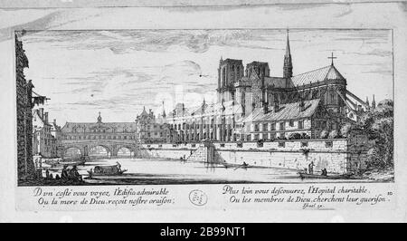 BLICK AUF DIE BRÜCKE HOTEL-DIEU Israël Silvestre et Israël Henriet. "Vue du pont de l'Hôtel-Dieu". Eau-forte, 1650-1655. Paris, musée Carnavalet. Stockfoto