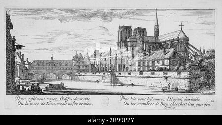 BLICK AUF DAS BRÜCKENHOTEL DIEU Israël Silvestre (1621-1691) und Israël Henriet (1590-1661). "Vue du pont de l'Hôtel-Dieu". Eau-forte, 1650-1655. Paris, musée Carnavalet. Stockfoto