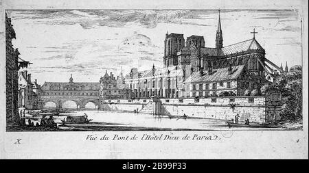 BLICK AUF DAS BRÜCKENHOTEL DIEU ISRAËL SILVESTRE. "Vue du pont de l'Hôtel-Dieu". Eau-forte, 1650-1655. Paris, musée Carnavalet. Stockfoto