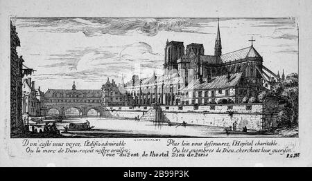 BLICK AUF DAS BRÜCKENHOTEL DIEU PARIS ISRAËL SILVESTRE. "Vue du pont de l'Hôtel-Dieu de Paris". Eau-forte, 1650-1655. Paris, musée Carnavalet. Stockfoto