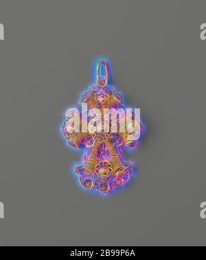 Anhänger in Form eines Kreuzes, das aus Hörnern besteht, die in einer Rosette enden, Anhänger in Gold in Form eines Kreuzes. Die Balken des Kreuzes sind jeweils von zwei Hörnern aus Goldfaden gebildet. Der Mund dieser Hörner wird von einer Rosette verschlossen. Eine große Rosette im Herzen des Kreuzes. Markiert: Eichenblatt., Niederlande, 1840 - 1850, Gold (Metall), filigran, H 3.7 cm × B 2.6 cm × T 0.6 cm, neu gestaltet von Gibon, Design von warmen fröhlichen Leuchten von Helligkeit und Lichtstrahlen Ausstrahlung. Klassische Kunst neu erfunden mit einem modernen Twist. Fotografie inspiriert von Futurismus, umarmt dynamische Energie der modernen Technologie, Bewegung, Stockfoto