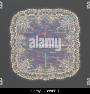 Taschentuch aus Batist mit Stickerei und fertig um mit einem Rand des Schiebers Spitze, Taschentuch aus Batist mit Stickerei und fertig um mit einer Grenze der natürlichen Schieber Spitze: Valenciennes Spitze. Square Modell mit abgerundeten Ecken. Stickerei: in den Ecken sind vier lange schmale Blätter, gerichtet auf die Mitte des Taschentuch und immer zwischen zwei Blätter eine Schnur mit Rosette Blumen von groß bis klein. Unter drei Weinblätter, zwischen denen öffnen Nähen mit Nadel - Nähen Stiche. Eine ähnlich kleine Muster in der Mitte entlang den Seiten. Spitze: das sich wiederholende Muster besteht o Stockfoto