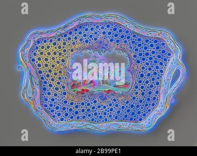 Tablett mit einer Gruppe in einer Landschaft, fächerförmige Porzellan-Platte mit gelappter Wand und Rand und zwei Griffen. Auf der Glasur in Emaille Farben gemalt, Silber [?] Und Gold. Das Blatt ist mit blau auf der Vorderseite bedeckt, mit einem Muster von Kreisen in Gold. Das spart eine Rocaille-Kartusche mit einer Gruppe von Musikern in einer Landschaft, daneben ein Mädchen und ein Hund. Die innere Wand mit Blumenreben. Unten mit Schild und Buchstabe E., Kaiserliche Porzellanmanufaktur, Wien, c. 1765 - c. 1770, Porzellan (Material), Glasur, Gold (Metall), Silber (Metall), Vitrifikation, H 6 cm × B 30.5 cm × T 22 cm, R Stockfoto