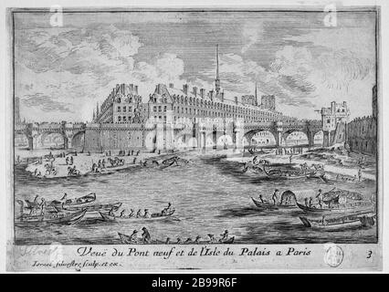 NEUE SICHT AUF DIE BRÜCKE UND DIE INSEL DES PALASTES IN PARIS ISRAËL SILVESTRE (1621-1691). "Vue du Pont Neuf et de l'île du Palais à Paris". Eau-forte, 1664-1664. Paris, musée Carnavalet. Stockfoto