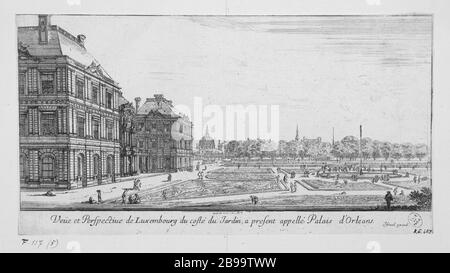 BLICK UND PERSPEKTIVE AUF LUXEMBURG, DIE KÜSTE, DIE MAN ALS GARTENPALAST ORLEANS Israël Silvestre (1621-1691) bezeichnet, Israël Heniet et Stefano della Bella. "Vue et perspective du Luxembourg, du90-1661) et Stefano della Bella. côté du jardin à présent appelé Palais d'Orléans". Eau-forte, 1649. Paris, musée Carnavalet. Stockfoto