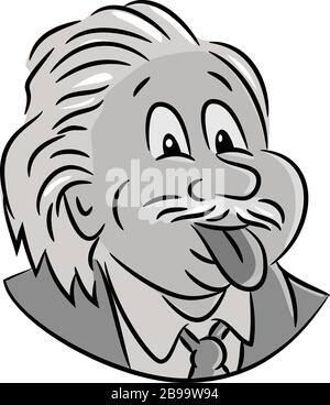 Cartoon-Stil-Illustration des Chefs des nerdigen Geniewissenschaftlers Albert Einstein, der seine Zunge von vorne betrachtet auf isoliertem weißem Hintergrund heraushält. Stock Vektor