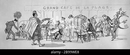 ALBUM THE GREAT WORLD UPSIDE: LE GRAND CAFE BEACH SEM (1865-1934). "Album le Grand monde à l'envers : le Grand Café de la Plage". Lithographie en couleurs, 191. Paris, musée Carnavalet. Stockfoto