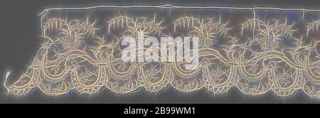 Morgenmantel aus der Anwendung Seite mit gewellten Ranke und Glockenblume Zweige, Morgenmantel aus Brüssel Anwendung Seite, Klöppelspitze mit Nadelspitzen Zierstichen, appliqué auf Maschine Tule. Der Streifen ist als der mittlere Streifen von drei Streifen für eine Krinoline Kleid gemacht. Es ist eine kontinuierliche Muster auf dem Strip mit einem Links über wellige Blatt Ranke. Drei rosette Blumen Frühling von jeder Welle Top und einem großen Zweig mit Glocke Blumen Biegung nach rechts. Es gibt immer zwei reich verzierten Girlanden hängen unter einer Welle, die den tiefen Jakobsmuscheln. Die Motive sind in l Stockfoto