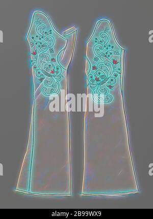 Weiße Baumwolle und Leinenmais, linke Baumwolle und Leinenmais diagonal aus dem Stoff geschnitten. Mit gepolsterter Spitze, die über den Handrücken fällt und eingefügtem Daumen ohne Oberseite. Mit roter Stickerei auf der Rückseite verziert. S-förmige Stickerei von Zweigen mit aufgezwungenen Kordel. Mit Beeren, Tulpen und Rosetten verziert. Das ganze ist mit einem Flanellstich entlang der Nähte beschnitten., anonym, Nordniederland (möglicherweise), c. 1750 - c. 1800, geheel, Twill, L 42 cm × B 13 cm, neu gestaltet von Gibon, Design von warmen fröhlich glühen von Helligkeit und Lichtstrahlen Ausstrahlung. Klassische Kunst neu erfunden mit einem m Stockfoto
