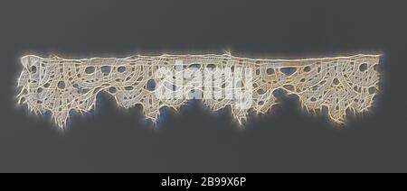 Streifen von klöppelspitze nach dem italienischen Beispiel aus dem 17. Jahrhundert, Streifen von natürlichen Farben Klöppelspitze: band schnüren. Nach dem italienischen Beispiel aus dem 17. Jahrhundert. Die sich wiederholenden und symmetrische Muster besteht aus jakobsmuscheln 5-flügeligen Ventilator - geformte Blätter durch eine kontinuierliche gewundenen Band gebildet. Die Multifunktionsleiste ist der Bettwäsche mit durchbrochenem Kanten auf der einen Seite, der auch mit Picots. Zum oberen Rand des Streifens ist gerade fertig. Der Einsatz ist wahrscheinlich in ein Laken oder ein Kopfkissenbezug oder dazu bestimmt. Das Muster der Klöppelspitze ist Geometrische und besteht aus zwei Kreuze und Diamanten Stockfoto