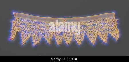 Streifen aus gehäkelter Spitze mit spitzen Jakobsmuscheln als Punto in Arie, Streifen aus naturfarbener gehäkelter Spitze, die den Punto in Arie imitierte (Nadelspitze). Das sich wiederholende und symmetrische Muster besteht aus dreieckigen Schalen mit einem Bogen um jede Rosette an jedem Punkt. Das Muster basiert auf Nadelspitzen-Mustern aus dem frühen 17. Jahrhundert. Die Oberseite des Streifens ist mit einem gewebten Leinenband fertig., Anonym, Niederlande, c. 1875 - c. 1899, Leinen (Material), Häkeln, L 33 cm Ã – B 8 cm Ã –, 4 cm, neu gestaltet von Gibon, Design von warmen fröhlichen Leuchten von Helligkeit und Lichtstrahlen Ausstrahlung. Klassische Kunst Stockfoto