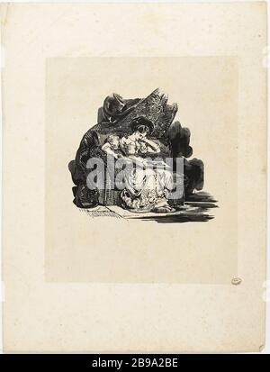 Lithografische Alben verschiedener Verbindungen und Themen, die von Achille Deveria auf Stein gezeichnet wurden: Junge Frau liest. Achille Devéria (1800-1857) et Charles-Etienne-Pierre Motte (85-186er). Album lithographique de divers sujet composés et dessinés sur Pierre par Achille Devéria : jeune femme lisant. Lithographie à la plume, 18810. Paris, musée Carnavalet. Stockfoto