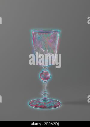 Weinglas, Kelch mit Jagdszenen, konischer Fuß. Facettierter Schaft mit einem hohlen Knoten und zwei Scheiben. Trichterförmiger Kelch mit abgerundetem Boden. Rosa-rote Überfang. Geschnitten und graviert mit Eichenblatt am Fuß, ein Reh, ein Jagdhund und ein Wildschwein auf dem Knoten und auf dem Kelch eine Jagdszene mit einem Reiter, drei Jagdhunde und ein Wildschwein, mit einem Schloss im Hintergrund. Signiert am Boden des Kelches: JB. Simon Gv. 1859 .., Jagd, Jagd, Jean Baptiste Simon, Paris, 1859, Glas, Schleifen, H 21.5 cm × d 9.7 cm d 9.7 cm, neu gestaltet von Gibon, Design von warmen fröhlich glühen der Helligkeit Stockfoto