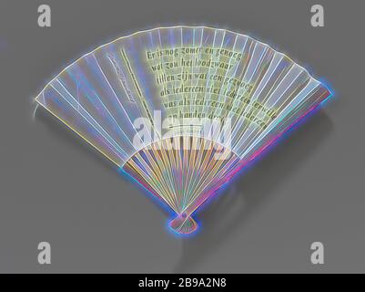 Folding Fan mit einem Blatt Papier mit einem Gedicht von Judith Herzberg gedruckt auf der Vorderseite, auf einer glatten Rahmen von Bambus mit Metallstift, Falten Ventilator mit einem Blatt Papier mit einem Gedicht von Judith auf der Vorderseite Herzberg auf einer glatten Bambus Rahmen mit einem Metallstift gedruckt wird. Modell: 16 schmucklos, unvorbereitet Beine. Die äußeren Beine sind matt lackiert. Dekoration: rechts von der Mitte ist auf der Vorderseite bedruckt: "Es ist immer noch Sommer und genug/Was würde das hohe Gewicht/anheben, was einer Werktätigen / Wenn jeder war nicht jeder im Interesse/Wenn jeder war nicht jeder auf ihrer Durchführung Stockfoto