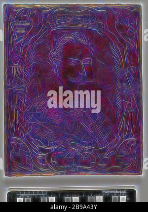 Porträt von König Gustav Adolf II von Schweden, Porträt von König Gustav Adolf II von Schweden in erhöhtem Goldleder mit Lorbeerkranz gekrönt. Das Porträt ist von einer Liste von Lappen Dekorationen umgeben. In dieser Liste sind zwei Kartuschen mit Inschriften oben und unten. Das Wappen des schwedischen Königs ist in den vier Ecken eingearbeitet, und links und rechts sind Trophäen platziert. Das braune Leder zeigt Reste der Vergoldung., Schweden, Gustaaf II Adolf (König von Schweden), Maarten van den Heuvel (zugeschrieben), Amsterdam, 1632 - c. 1674, vergoldet, L 38 cm × B 31 cm, neu gestaltet von Gibon, d Stockfoto