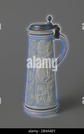 Tankard (schnelle) mit der Verkündigung, die Kreuzigung und die Auferstehung, Kanne (schnelle) aus Steingut mit einem zylinderförmigen, konischen Körper und C-förmige Ohr. Profile unter der Kante und über dem Fuß. Auf den Körper in der Entlastung dreimal eine gedruckte und verhängte länglichen Kasten mit in der Mitte ein Medaillon mit der Verkündigung, die Kreuzigung oder die Auferstehung. Die Medaillons sind von Ranken und grotesken umgeben. Die richtigen Medaillon mit der Markierung "H. H.'. Die Kanne ist in einem Zinn Rahmen mit Deckel. Siegburg., anonyme, Siegburg, C. 1500 - C. 1599, Steinzeug, Glasur, montuur, vitrific Stockfoto