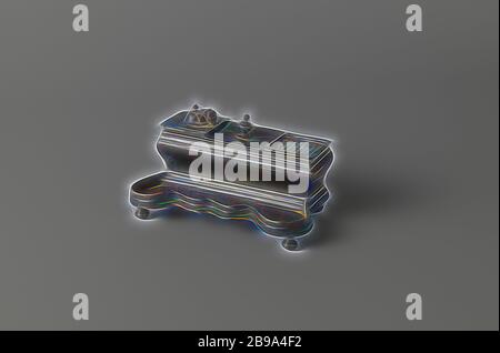 Tinte von Zinn, der Tinte von Zinn, die im Allgemeinen rechteckig. Die Basis ist auf vier Beine, die am vorderen Scalloped sind und einen erhöhten Rand haben, montiert, so dass ein stiftetui gebildet wird. Die hintere Hälfte hat ein Fach gebildet durch höhere, geschwungene hochgezogenen Kanten und ist in drei Fächer unterteilt. Das Quadrat Tintenfass ist im linken Fach hing. Die Oberseite der Tintenfass hat eine kleine, runde Öffnung mit einem Glockenförmigen Deckel, der über ein einziges - schwenkbare Scharnier befestigt ist geschlossen. Der Sand der Spreuverteiler ist in der rechten Motorraum gehangen. Die mittlere und größte Fach ist mit einem rechteckigen Deckel mit einem ac geschlossen Stockfoto