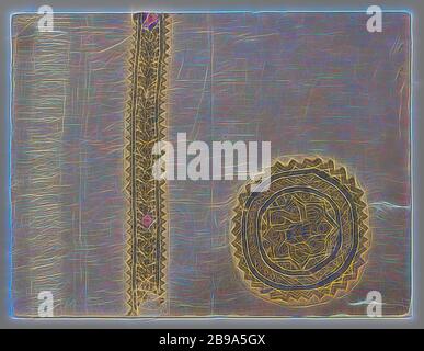 Fabric Fragment mit orbiculus und clavus, Naturfarben Leinen Stoff Fragment mit Angenähten orbiculus und clavus. Die orbiculus ist in dunklem Blau mit Octagon im Zentrum mit natürlichen Farben in fliegenden Draht Technik im Kreis, durch eine solide dunkel blauen Kreis umgeben, einem Kreis mit kontinuierlichen flechten Muster, ein blauer Kreis und eine gezahnte Kante. Der clavus hat eine zentrale Blatt und ranke Motiv in dunkel Blau und natürliche Farben mit Flying wire Technologie und eine gelbe und rote gewebte Gesicht und an den Rand einer gelben, roten und grünen gewebte Vogel. Der Streifen ist mit einem soliden dunkelblaue Linie eingefasst und Stockfoto