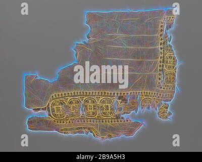 Stofffragment mit Clavus, natürlich gefärbter Leinenstoff mit brauner Clavusdeko. Der Clavus und die Tabula bestehen aus einem sich wiederholenden kreisförmigen Motiv mit einem unregelmäßigen Motiv mit sechs Kreisen am Ende. Mit dem Clavus wird eine naturfarbene Wanderfigur mit erhobener Hand in ihn eingewebt. Die Kanten des Clavus bestehen aus einer durchgehenden Linie mit hervorstehenden Stäben mit einem stumpfen Ende. Vier verdickte Schusszässe von ungefähr werden in dem Leinengewebe in gleichmäßiger Entfernung voneinander gewebt. 14 cm lang, anonym, Ägypten, c. 200 - c. 599, ketting en inslag, inslag, Tapisserie, H 35.0 cm × B 41.2 cm, Re Stockfoto