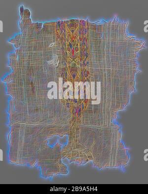 Stofffragment mit Clavus, grobes naturfarbenes Leinenfragment bestehend aus zwei zusammengenähten Stücken, auf denen ein mehrfarbiger (gelb, rot, dunkelblau, hellblau, schwarz) Clavus genäht ist. In der Mitte des Clavus ist eine stilisierte Blumeneule und Fanning Blakuren. Drei Ränder mit geometrischen Motiven um ihn herum. Im Untergrund Streifen an drei Stellen Streifen durch verdickte Schussfäden und links neben dem Clavus zwei Schlaufen und ein Paar aufrechte Fäden., anonym, Egypte, c. 600 - c. 799, drager en clavus, Inschlag clavus, Wandteppich, H 28 cm × B 35.5 cm, neu gestaltet von Stockfoto
