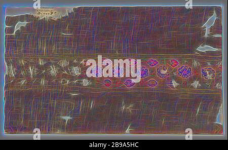 Stofffragment mit Clavus (?), Naturfarbenes Leinenfragment mit dekorativem Streifen innerhalb von sechs dickeren Schusslinien. Der Zierstreifen hat eine zentrale Blütenfolge in dunkelblau, rot und gelb auf beiden Seiten von Motiven stilisierter Blumen und Blättern in dunkelblau, rot, grün und gelb. Dazwischen ein gepunktetes Muster in rot und gelb. Diese Motive sind aus Wolle und Tapisserie-Technologie., anonym, Egypte, c. 200 - c. 599, ketting en inslag, inslag, Tapisserie, H 18.7 cm × B 32.2 cm, neu gestaltet von Gibon, Design von warmen fröhlich glühen von Helligkeit und Lichtstrahlen Ausstrahlung. Stockfoto