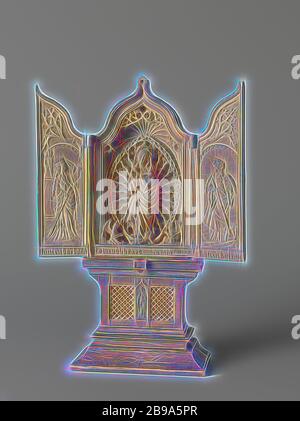 Triptychon Miniatur altar Hausaltar oder Reisen Altar mit Maria mit Kind, der Hl. Barbara und Katharina, Hausaltar oder Reisen Altar flankiert aus Palm Holz mit geschnitzten Darstellungen. Mittlerer Teil: Maria in Halo und mandorla mit dem Jesuskind auf dem Arm, in der geöffneten Seitenflügeln links St. Barbara, St. Anna. Die Außenseiten der Flügel mit St. Christoffel auf der linken und St. Joris auf der rechten Seite. Unter Maria den Text: Tota pulchra ES AMICA MEA. Auf dem Podest ein Relief von Johannes der Evangelist und ein Transenna. Auf der Rückseite zwei Türen, bin arianum', Madonna im strahlenkranz oder mandorla (su Stockfoto