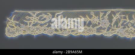 Morgenmantel aus der Anwendung Seite mit symmetrischen behält sich entlang der unteren Kante, Morgenmantel aus natürlichen Farben Anwendung Seite, Spule und Nadel Seite Applikation am Maschine Tüll. Fast symmetrische Muster entlang der unteren Kante mit zwei Reserven mit Raster ausfüllen, mit Voluten gekrönt und mit fünf Blumen an der Unterseite. Eine Rosette Blume zwischen den beiden Reserven. Und auf der Außenseite dieser Reserven zwei benachbarten großen Blüten. Gebogene Zweige mit großen Blumen Frühling aus dem eingerichteten unteren Rand. Der Streifen besteht aus drei Stücke zusammen genäht, anonym, Brüssel, C. 1840 - C. 185 Stockfoto