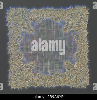 Taschentuch mit einer Grenze von Nadelspitzen mit Ecke banderolles, Taschentuch mit einer Grenze der natürlichen farbige Nadelspitzen, Brüssel gaze Spitze. Um einen großen 12-Gelappt, Batist Herzstück ist eine Spitze Grenze von vier länglichen mittleren Muscheln und tiefen Ecke Shells. Letztere sind mit einem Banderolle, die zusammen bindet einen hängenden Büschel von Flieder und Lilien gefüllt. Die lilien haben eine Entlastung Blatt und die äußeren Ecken bilden. Eine Kette von hängenden Uhren entlang der Jakobsmuscheln bildet den äußeren Umfang., anonym, Brüssel, C. 1860 - C. 1880, Leinen (Material), Brüssel punkt de Blick, H 37 cm Stockfoto