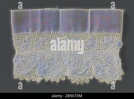 Häkelspitze Manschette mit Losen Stielen und geschichteten Rosette Blumen, Manschette aus zwei Streifen von natürlichen Irische Häkelspitze auf einem Streifen von Weiß Baumwolle. Das Muster der Streifen, der als Zwischenblätter verwendet wird, besteht aus zwei separaten Stängel, auf dem ein drei - Teil Blatt, durchsetzt mit einem separaten Stamm mit einem 2-in-1-Rosette Blume. Das Muster der anderen Streifen besteht aus einer losen Schaft mit drei - Teil Blätter mit einer losen Stamm mit einem 2-in-1-Rosette Blume auf beiden Seiten durchsetzt. Die regelmäßige halbrunde Jakobsmuscheln auf der Unterseite sind mit bemalten Bögen getrimmt. Den Boden mit quadratischen Maschen in beiden s Stockfoto