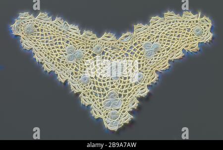 Häkelspitze Stützstück mit Rose und Kleeblätter, dreieckiges Stützstück aus natürlicher irischer gehäkelter Spitze. In der Mitte des Dreiecks ist eine geschichtete Rose, umgeben von einem Muster mit Kleeblatt und Punkten. Gehäkelte Erde mit vereisten Diamant-förmigen Mesh. Beidseitig mit bemalten dreiteiligen Bögen fertig., anonym, Ierland (möglicherweise), c. 1890 - c. 1909, Baumwolle (Textil), H 6.3 cm × B 14 cm, neu gestaltet von Gibon, Design von warmen fröhlich glühen von Helligkeit und Lichtstrahlen Ausstrahlung. Klassische Kunst neu erfunden mit einem modernen Twist. Fotografie inspiriert von Futurismus, umarmt dynamische Energie Stockfoto