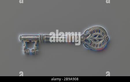 Schlüssel mit Griff mit durchbrochenem und geprägtem fächerförmigen Blattfüllung, ruhend auf einem kugelförmigen Kapitell. Der Baluster-förmige Schaft endet in einem flachen Knopf über den Doppelbart., c. 1400 - c. 1950, Eisen (Metall), L 10.7 cm × B 3 cm, neu gestaltet von Gibon, Design von warmen fröhlich glühen von Helligkeit und Lichtstrahlen Ausstrahlung. Klassische Kunst neu erfunden mit einem modernen Twist. Fotografie inspiriert von Futurismus, umarmt dynamische Energie der modernen Technologie, Bewegung, Geschwindigkeit und Kultur revolutionieren. Stockfoto