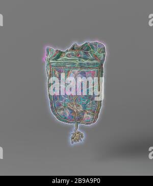 Messe von Türkis Blau Satin bestickt mit Silber und mit Gold. mit Gewinde und farbenfrohe Seide Blumen Motive, Messe von Türkis Blau Satin bestickt mit Silber und mit Gold. mit Gewinde und farbenfrohe Seide Blumen Motive. Die Tasche besteht aus vier gleichen Schild geformte Teile, die eine quadratische Form und runde unten ausführen. Auf den Teilen zwei alternierend symmetrische Muster von Blumen, Blume Reben und zwei Bögen, die fast vollständig der Satin dekorieren. Die Kante der Geldbeutel ist mit Gold Bullion getrimmt, entlang der Augen der Öffnung für den Tunnelzug (die fehlt) Stickerei Stiche mit Gold thread. Ein Stockfoto