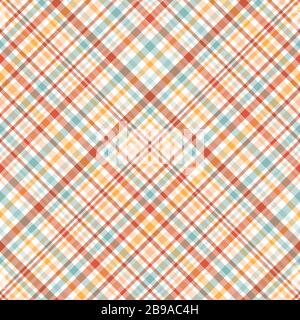Bunter diagonaler Pliid nahtloser Hintergrund in Braun, Orange, Blau und Weiß. Stock Vektor