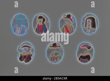 13 Folien mit unterschiedlichen Kostüme malte, 13 Transparentfolien von Glimmer mit verschiedenen Kostümen gemalt. Die dressings z.b. Haube mit einem berthe Kragen, als Königin mit einer Birne Krone und Hermelin schulter Mantel, als Stadt Dame mit Pelz - eingefaßte Kite, Kopftuch und schwarzen Barett, wie ein Mann mit einer Feder Hut, Schärpe, Schnurrbart und Spitzbart usw. Das Porträt kann ein weibliches Mitglied der Oranje Nassau Haus: Louise Henriette oder Henriette Catharina, Töchter von Frederik Hendrik und Amalia van Solms., Den Haag, Louise Henriette (Prinzessin von Oranien), Henriette Catharina (Prinzessin von Oranien), ein Stockfoto