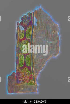 Stofffragment mit Clavus, naturfarbenes Leinenfragment mit angenähtem Clavus mit naturfarbenen geometrischen Motiven (Kreise, lob-Formen mit kleinen Motiven) auf rotem Grund. Das Band ist mit grünen Rändern mit schwarzen Linien Markierungen getrimmt., anonym, Egypte, c. 600 - c. 799, ketting en inslag, inslag, Tapisserie, H 22.0 cm × B 35.5 cm, neu gestaltet von Gibon, Design von warmen fröhlich glühen von Helligkeit und Lichtstrahlen Ausstrahlung. Klassische Kunst neu erfunden mit einem modernen Twist. Fotografie inspiriert von Futurismus, umarmt dynamische Energie der modernen Technologie, Bewegung, Geschwindigkeit und Kultur revolutionieren. Stockfoto