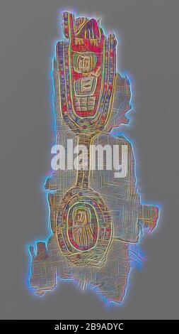 Stofffragment mit Clavus, naturfarbenes Leinenfragment mit angenähtem Clavus, der in ein Oval endet. Im Oval eine menschliche Figur in einem gelben Gewand mit Nimbus auf rotem Grund, im Clavus eine Figur mit hellblauem und weißem Gewand und grünem Nimbus mit darüber ein Teil einer Robe in braun und gelb und zwei Fuß auf rotem Grund. Rund um das Oval und Clavus eine Grenze mit Block Dekorationen in rot, rosa, gelb, weiß, dunkel und hellgrün und dunkel und hellblau., anonym, Egypte, c. 500 - c. 699, ketting-Inflag, Inflag, Wandteppich, H 15.0 cm × B 33.4 cm, neu gestaltet von Gibon, Design von Warm Cheer Stockfoto